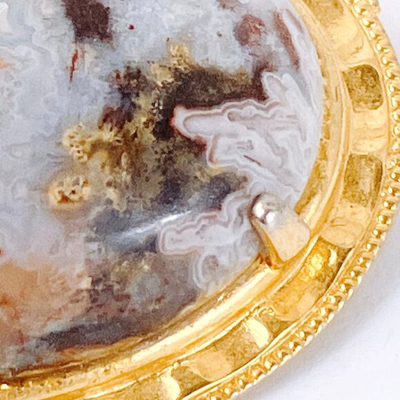 VTG Mid Century Brooch Agate Gemstone Oval Stone Pin 1960s 1970s Gold Tone - Picture 6 of 11